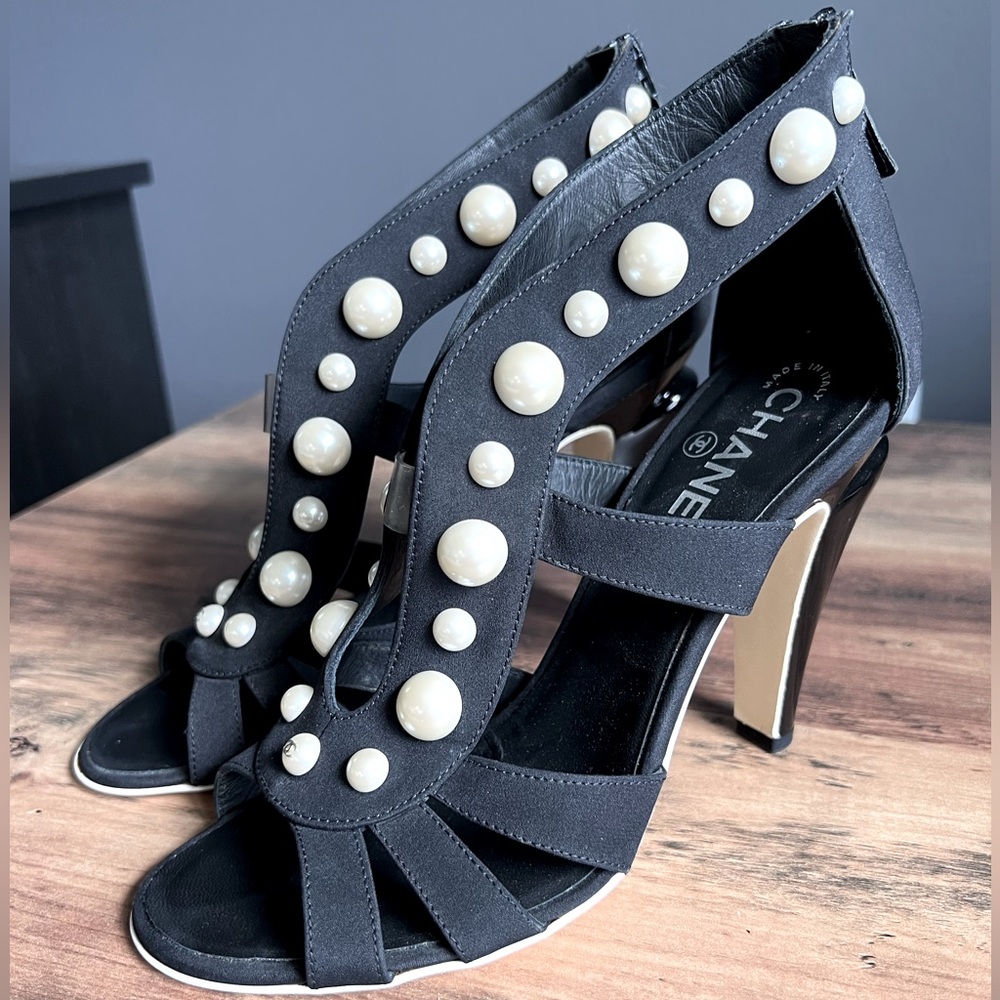 Chanel Black Open Toe Heel with Pearl Detailing